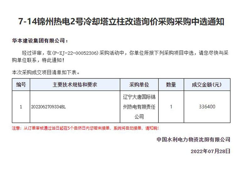 7-14锦州热电2号冷却塔立柱改造询价采购采购中选通知